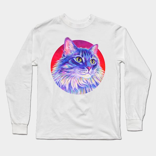 Purple Rainbow Longhair Tabby Cat Long Sleeve T-Shirt by rebeccawangart